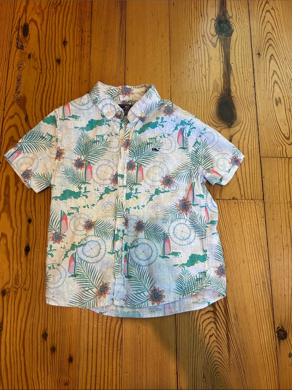 Boy’s Vineyard Vines Tropical Print Short-Sleeve Button-Up Shirt - White & Green